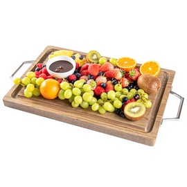 Restaurantware Campagna 21.5 Inch x 12 Inch Wood Serving Tray 1 Chrome Hardware Wooden Cutting Board - Rectangle With Handles Natural Ash Wood Charcuterie Board For Fruit Cheese And Meat