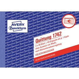 Avery Zweckform 1742 Quittung A6 Carbonless Small Contractor – 2 x 40 Sheets, White