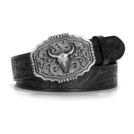 FFWTPY Belt for Men Western Leather Buckle Belts for Men Women Cowboy Cowgirl Leather Belt Men's Belt for Jeans Christmas Gifts, Black