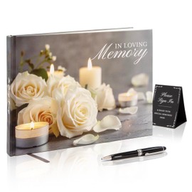 Modern Album Designs Rose Hardcover Funeral Guest Book - 9.5 x 7 Celebration of Life Guestbook for Memorial Service with 5x7 Paper Sign, Pen, Black Photo Corner Stickers