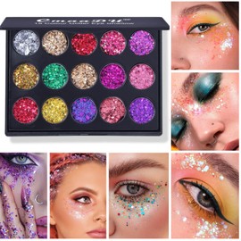 Glitter Eyeshadow Palette Eye Shadow Pallets for Women, 15 Colors Silver Green Pink Gold Shimmer Sparkly Metallic Long Lasting Highly Pigmented Eye Glitter Eye Shadows Makeup Palettes Gifts