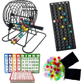 SEETOOOGAMES - Juego de Bingo de Lujo, Jaula de Metal de 8 Pulgadas, 50 Tarjetas de Papel, 600 fichas Transparentes de Colores, Bolas de Bingo y