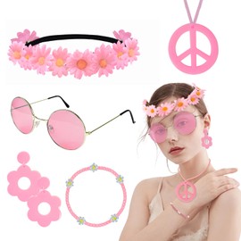 HyperFun Hippie Costume Accessories Set Peace Sign Necklace Sunglasses Flower Headband Earrings For 60s 70s Outfit Party Women