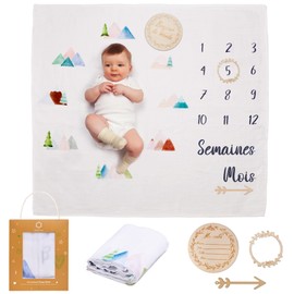 ODOXIA Baby Milestone Blanket in French | Cotton Muslin Cloth Baby | Swaddling Cloth | Monthly Blanket Baby Boy & Girl Unisex | Mountains | Gift for Mothers | Baby Blanket | Muslin Blanket Baby
