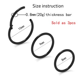 NewkeepsR 3PCS-0.8mm Black Anodised Hinged Clicker Nose Hoop Rings, 20 Gauge 316L Steel Seamless Segment Sleeper Earrings Piercing-8/9/10mm