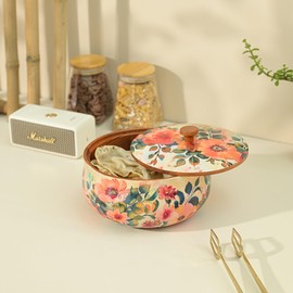 Brick Brown Handcrafted Enamel Coated Wooden Pastel Flora Roti Box | Chapati Box for Kitchen | Hot Pot Casserole for Server Tableware Serving | Case Dabba With Lid (8.5 8.5 5.5 Inch)