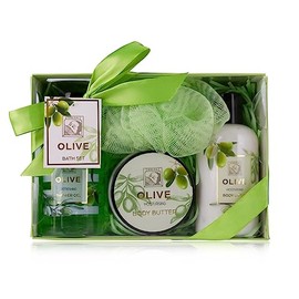 Accentra Olive Women's Shower Set Gift Set in Beautiful Gift Box - 4-Piece Care Set with Shower Gel, Body Lotion, Body Butter and Mesh Sponge - Wellness Gift Set for Birthday