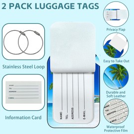 iapodiad 2 Pack Cute Luggage Tag for Suitcases Tropical Beach Leather Luggage Tags with Stainless Steel Loop Privacy Flap Name Tags,Men and Women Travel Bag Suitcase Tags