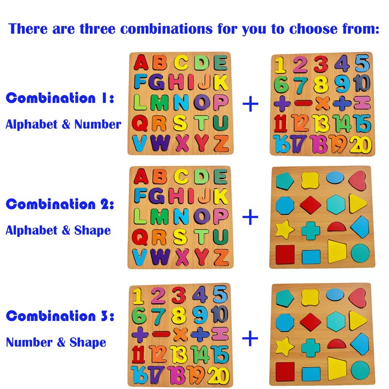2PCS Wooden Alphabet Number Shape Puzzles for Toddlers, Educational Learning