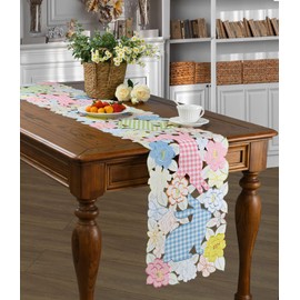 KEVA Easter Table Runner 72inches Long, Embroidered Plaid Bunny Table Runner, Easter Spring Rabbit Floral Butterfly Egg Table Runner 13 x 72 Inch for Easter Dining Table Decorations