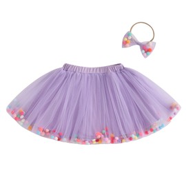 Toddler Girl Tutu Skirt Colorful Floating Pom Poms Tulle Skirts Headband Birthday Tutu Outfit Princess Ballet Dress (Purple, 4-5 Years)