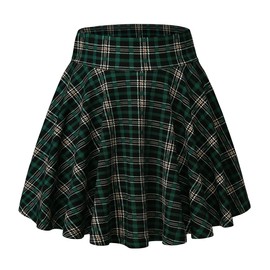 DJT Women's Basic Versatile Stretchy Flared Casual Mini Skater Skirt Small Green Plaid