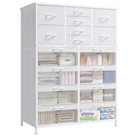 HAUOMS 16 Drawer Dresser, 8 Clear & PU Reversible Drawers, Tall Dresser for Bedroom, Fabric Storage Cabinet, Metal Frame, Organizer Cabinet, Unit for Closet, Entryway, Hallway, Wood Top, White