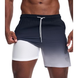 Danfiki Mens Swimming Shorts Swim Trunks 2 in 1 with Mesh Compression Liner Zipper Pockets Gradient Color Quick Dry