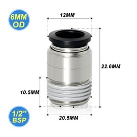 TAILONZ PNEUMATIC Round Male Straight 6mm Tube OD x 1/2 Inch BSP Thread Push to Connect Fittings POC6-04 (Pack of 10)