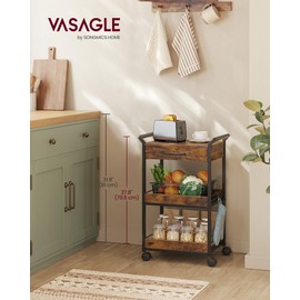 VASAGLE Storage Cart, 3-Tier Rolling Utility Cart with Table Top, Handles, 4 Lockable Casters, Top Drawer, Mesh Shelves, for Kitchen, Bathroom, Bedroom, Rustic Brown and Ink Black ULRC048K01