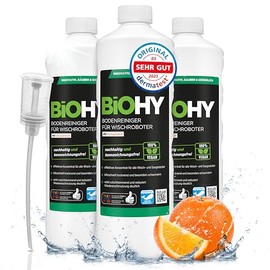 BiOHY Bodenreiniger f√ºr alle Wischroboter mit Orangenduft (3 x 1 Liter) + Dosierer | Schaumarm & Streifenfrei | Reinigungsmittel Konzentrat f√ºr alle B√∂den