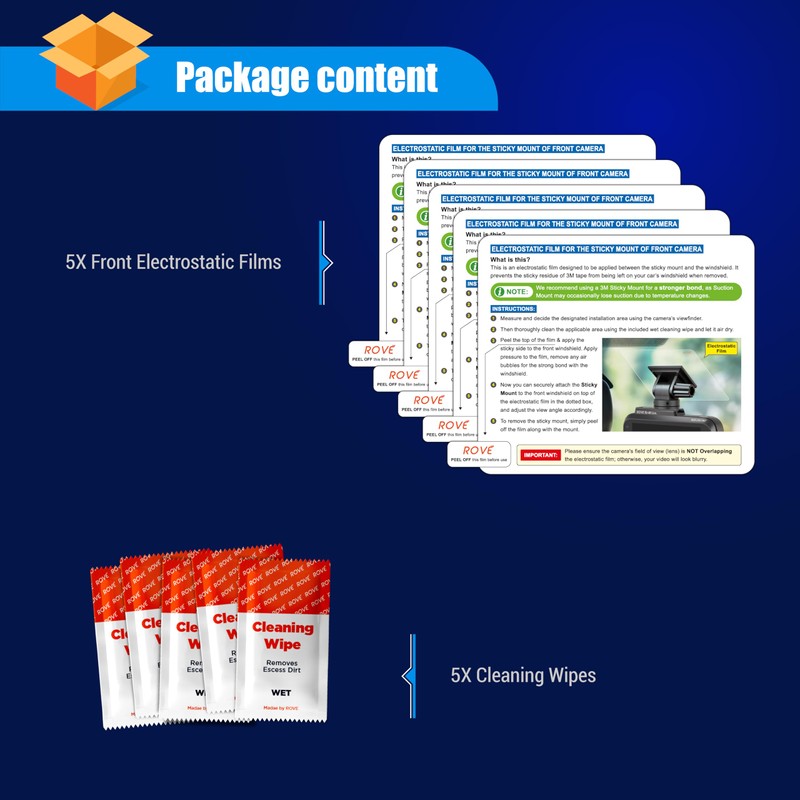 ROVE Windshield Electrostatic Films, 5-Pack, for Front Dash Cam Mounting