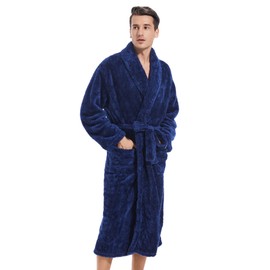 Inner Wish Mens Plush Fleece Robe, Cozy Warm Bathrobe Fuzzy Male Spa Long Robe With Pockets,NAVY BLUE，2XL/3XL