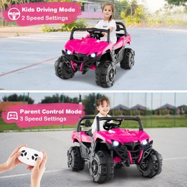 Costzon Kids Ride on Truck, 12V Battery Powered Electric Vehicle w/Remote Control, 3 Speeds, LED Lights, Music, MP3 & AUX Ports, Off-Road UTV Truck with Soft Start, Gift for Boys & Girls (Pink)