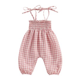Baby Flare Jumpsuit Toddler Girl Smocked Romper Plaid Wide Leg Overalls Floral Flare Pants Sleeveless Strap Playsuit (15 Pink, 12-18 Months)