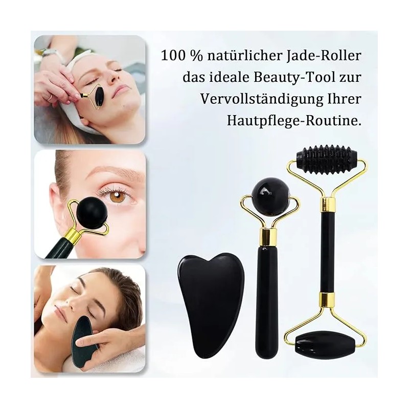 Rodillo Facial Jade Black Obsidiana Guasha Stone Massage Kit