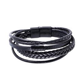 JITNGA 1 x Men's Bracelet Made of Genuine Leather in Premium Quality [Woved] Black Stainless Steel with Magnetic Clasp | Includes Jewellery Box | Great Gift for Men, Leather