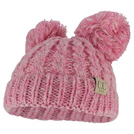 Trendy Apparel Shop Kid's Youth Size Winter Cable Knit 2 Pom Poms Beanie Hat - Rose Pink