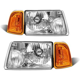for 2001 2002 2003 2004 2005 2006 2007 2008 2009 2010 2011 Ford Ranger Headlight Assembly with Clear Lens Chrome Housing Amber Reflector Headlamp Replacement Left Right Pair