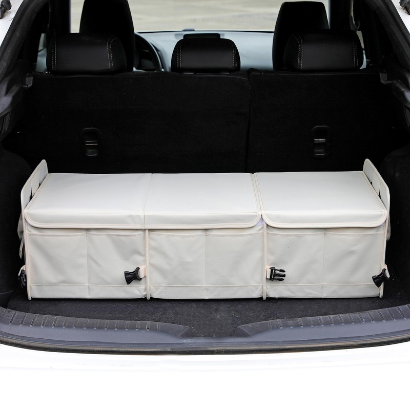 AOKJOY Car Trunk Organizer with Lid Car Storage Organizer Collapsible Multi Compartment Adjustable Straps Car Organizer for SUV, Truck, Sedan(Beige)