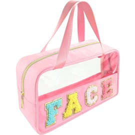 Bunliuys Chenille Letter Clear Makeup Bag Face Patch, Travel Toiletry Makeup Bag with Handle, Nylon Waterproof Makeup Bags clear cosmetic bag, preppy patch makeup bag for Women (FACE-Pink)