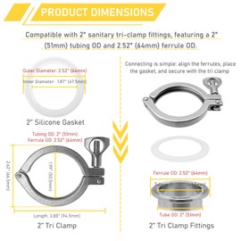RIXIGOOD 2 Inch Tri Clamp with Silicone Gasket 304 Stainless Steel 2" Single Pin Tri-Clamp Light Duty Sanitary TC Fittings Quick Connect Clamps 2PCS