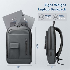 Mens Backpack Slim Business Backpack with USB Charging Port Lightweight Computer Backpacks for 17.3 Inch Laptop Bag Water-Resistant Anti-Theft Daypack for Daily Office Work College Travel-Dark Grey