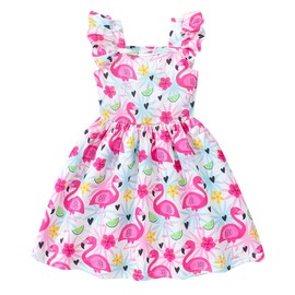 Little Girls Summer Dresses Flamingo Cotton Ruffle Sleeve Tiered Swing Dress Cute Casual Sundress for Toddler Kids