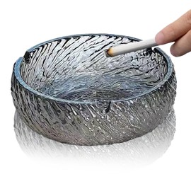 FENGZIZH Large Glass Ashtray, Outdoor Ashtray with 3 Grooves – Heavy Duty Indoor/Outdoor Use, Stylish Ash Tray for Garden, Pub & Home - Easy to Clean (Grey)