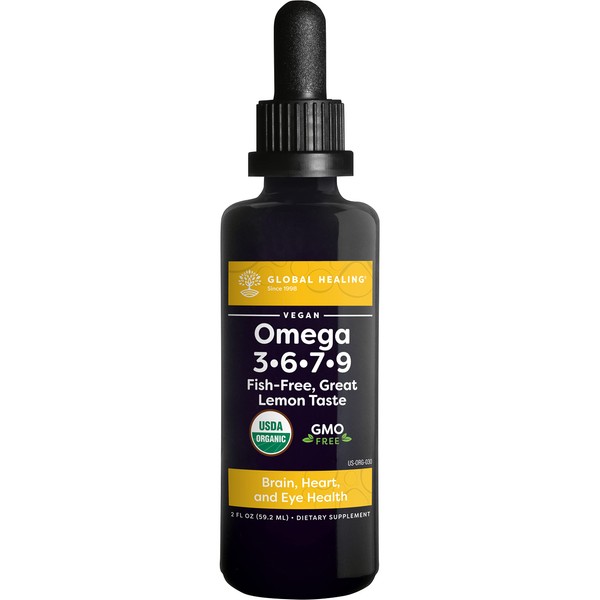 Global Healing Organic Omega 3 6 9 and 7 (Seaberry CO2 Extract) - Fish-Free, Non-GMO Omega 3 Supplement for Women & Men, Contains Perilla Seed & Flaxseed Oil - Omega 3 Fish Oil Alternative - 2 Fl Oz