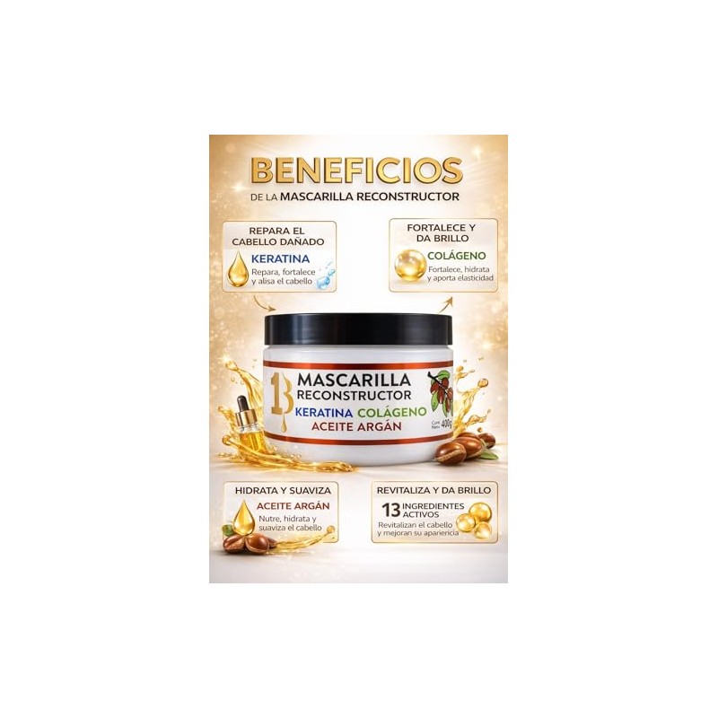 Mascarilla Reconstructor para Cabello Dañado con Keratina, Colágeno y Aceite