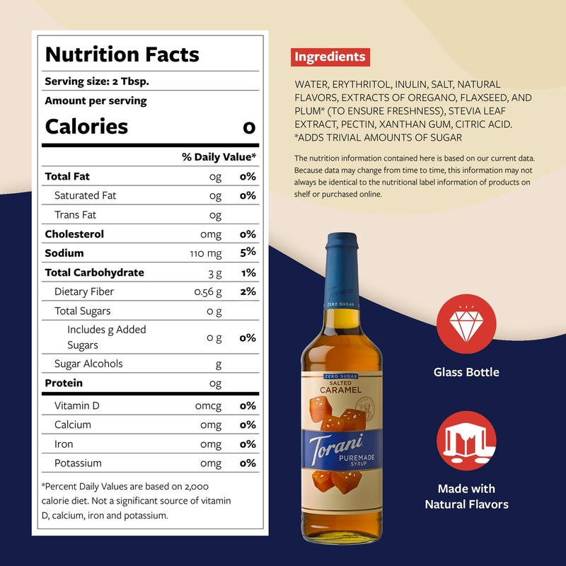 Torani Zero Sugar Puremade Syrup, Salted Caramel Flavoring for Drinks,