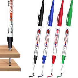 Caelura Deep Hole Marker, Pack of 4 Drill Hole Marker Pens, 32 mm Tip Depth Hole Marker, Marker Pen for Wood, Plastic, Wall, Metal, Cardboard Construction Site Pen (Black, Blue, Red, Green)