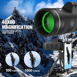 40x60 HD Monocular Telescope, Monoculars for Adults High Powered with Smartphone Adapter & Tripod, Hiking Gear Night Vision Hunting Camping Star Watching Bird Wildlife