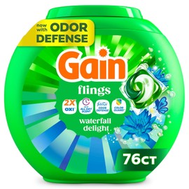 Gain Flings Liquid Washing Detergent Pods, Now with Odor Defense + Color Guard, Waterfall Delight Scent, 4-In-1 liquid laundry detergent pacs, clean & fresh, 76 Count (Packaging May Vary)