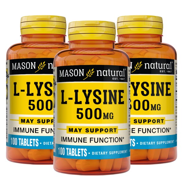 MASON NATURAL L-Lysine 500 mg with Calcium - Improved Immune Function, Enhanced Nutrient Absorption, Essential Amino Acid, 100 Tablets (Pack of 3)