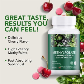 PlantFusion Vegan High Potency Methylfolate 5-MTHF – Fast Acting Sublingual Methyl Folate Supplement is 6X More Absorbable - Non-GMO, Supports Cardiovascular & Brain - 60 Lozenges