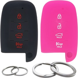 2Pcs Silicone 4Btn Key Fob Cover Remote Case Keyless Protector Compatible with Hyundai Sonata Elantra GT Genesis Coupe Veloster Tucson Kia Borrego Forte Optima Rio Sorento Soul Sportage Black&HotPink