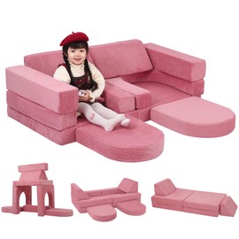 MeMoreCool Kids Couch for Playroom, 10 Piece Modular Play Sofa, Corduroy Convertible Toddler Couch, Foam Fort Building Set for Child Room Furniture, Pink