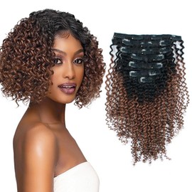Yuniffe Kinky Curly Clip in Hair Extensions 3C 4A Kinky Curly Clip ins for Black Women Double Weft Curly Hair Extension Real Human Hair Clip ins Ombre Auburn Hair Extensions 12 Inch 7Pcs 120g