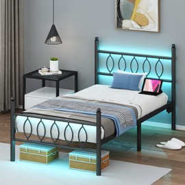 Samurbex Twin Size Bed Frame with Headboard,Black Metal Platform Bed Frame Twin Size with Charging Station & LED Lights,12-Inch Under Bed Storage,No Box Spring Needed,Noise Free,Easy to Assemble