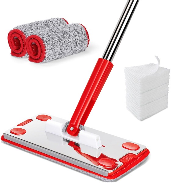 Masthome Floor Wiper, Floor Mop, Sheet Mop, Disposable Floor Cleaning Mop, 360 Degree Rotation, Ultra-thin, Flooring Cleaning, Dry Wipe, Water Wipe, 2 Replacement Heads, Floor Wipe, Main Body,