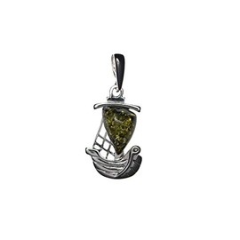Artisana-Schmuck Amber pendant, green ship pendant made of amber, set in rhodium-plated 925/000 sterling silver, Baltic Amber Rhodium-plated 925/000 sterling silver, Amber