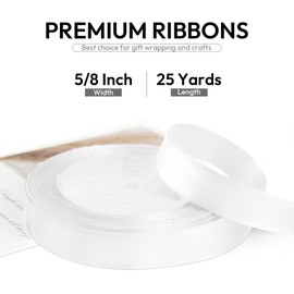 HimBen 5/8 Inch 25 Yards Satin Ribbon White, Solid Color Fabric Ribbon for Gift Wrapping, Wedding, Polyester Gift Ribbon for Birthday Party Decoration, Craft, Hair, Floral, Sewing
